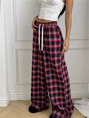 Baggy Unisex Ekose Eşofman Altı - Bordo Lacivert