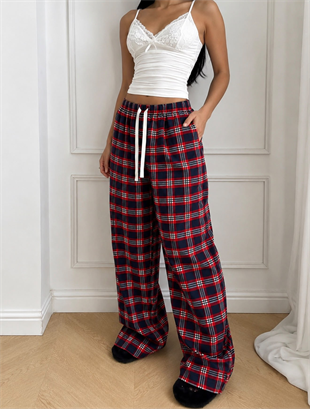 Baggy Unisex Ekose Eşofman Altı - Bordo Lacivert