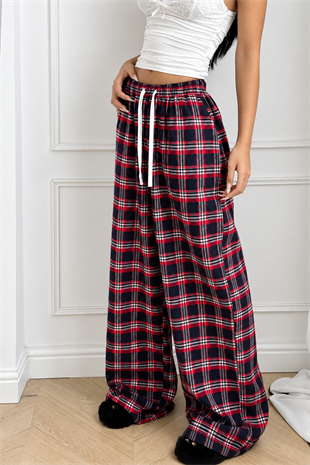 Baggy Unisex Ekose Eşofman Altı - Bordo Lacivert
