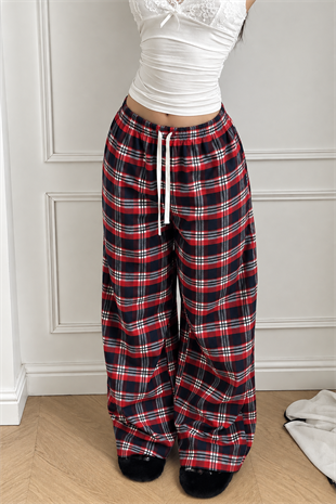Baggy Unisex Ekose Eşofman Altı - Bordo Lacivert