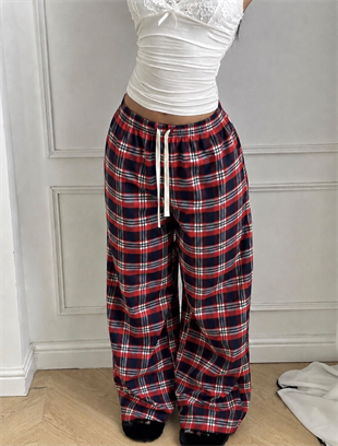 Baggy Unisex Ekose Eşofman Altı - Bordo Lacivert