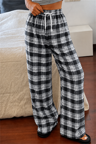 Baggy Unisex Ekose Eşofman Altı - Gri Siyah
