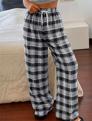 Baggy Unisex Ekose Eşofman Altı - Gri Siyah