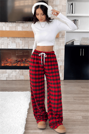 Baggy Unisex Ekose Eşofman Altı - Kırmızı Siyah