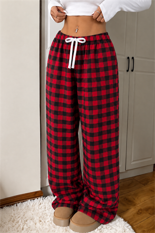 Baggy Unisex Ekose Eşofman Altı - Kırmızı Siyah
