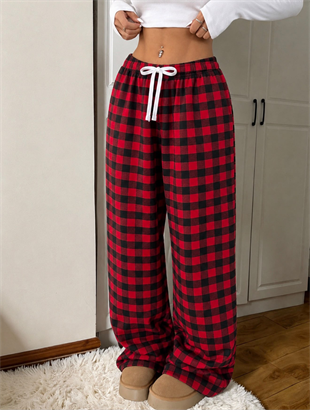 Baggy Unisex Ekose Eşofman Altı - Kırmızı Siyah