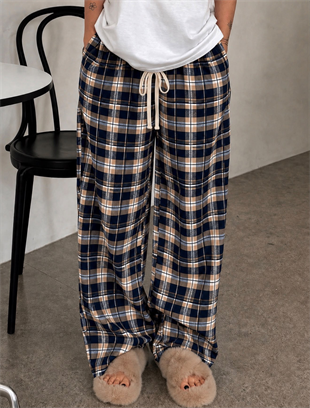 Baggy Unisex Ekose Eşofman Altı - Krem Lacivert