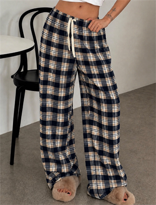 Baggy Unisex Ekose Eşofman Altı - Krem Lacivert