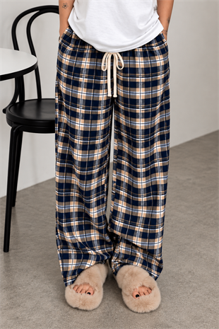 Baggy Unisex Ekose Eşofman Altı - Krem Lacivert
