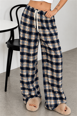 Baggy Unisex Ekose Eşofman Altı - Krem Lacivert
