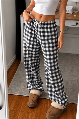 Baggy Unisex Kareli Ekose Eşofman Altı - Gri Siyah