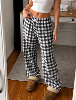 Baggy Unisex Kareli Ekose Eşofman Altı - Gri Siyah