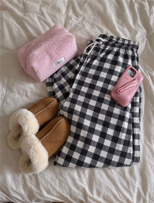 Baggy Unisex Kareli Ekose Eşofman Altı - Gri Siyah