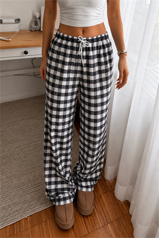 Baggy Unisex Kareli Ekose Eşofman Altı - Gri Siyah