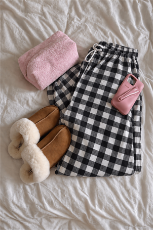 Baggy Unisex Kareli Ekose Eşofman Altı - Gri Siyah