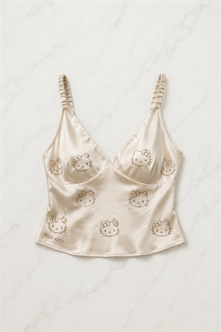 Bej Hello Kitty Taş Detaylı Saten Homewear Pijama Takımı