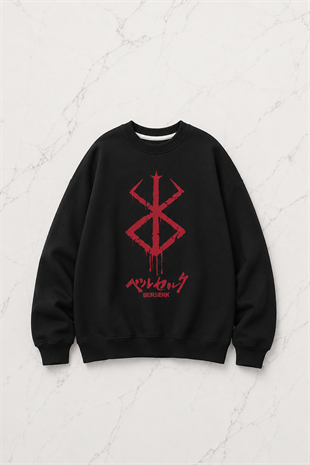 Berserk Logo Baskılı Siyah Unisex Oversize Bisiklet Yaka Sweatshirt