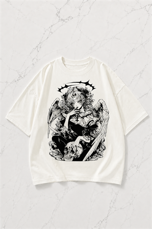 Beyaz Anime Winged Gothic Kısa Kol Oversize T-Shirt