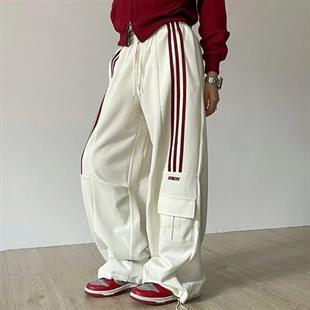 Beyaz Baggy Line Detail Unisex Eşofman Altı