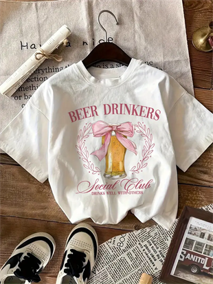 Beyaz Beer Drınkers Baskılı Kısa Kol Oversize T-Shirt