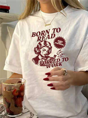Beyaz Born To Read Baskılı Kısa Kol Oversize T-Shirt