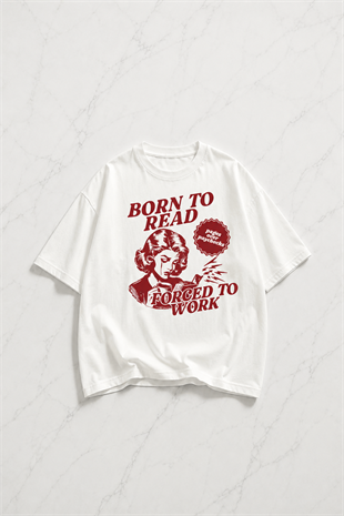 Beyaz Born To Read Baskılı Kısa Kol Oversize T-Shirt