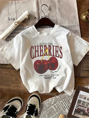 Beyaz Cherrıes Baskılı Kısa Kol Oversize T-Shirt