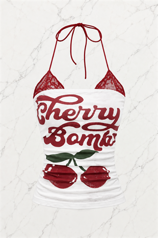 Beyaz Cherry Bomb Dantelli Ek Askılı Crop