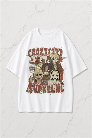 Beyaz Crazycıty Baskılı Kısa Kol Oversize T-Shirt