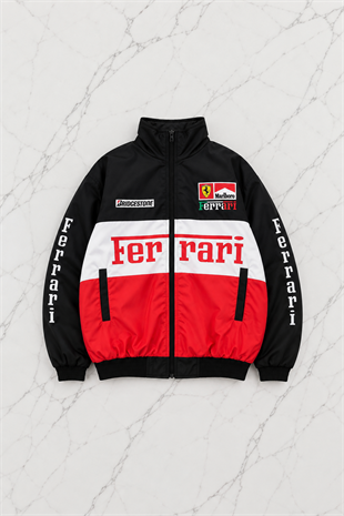 Beyaz Ferrari Desenli Unisex Bomber Ceket