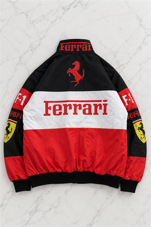 Beyaz Ferrari Desenli Unisex Bomber Ceket