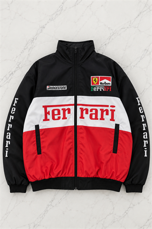 Beyaz Ferrari Desenli Unisex Bomber Ceket