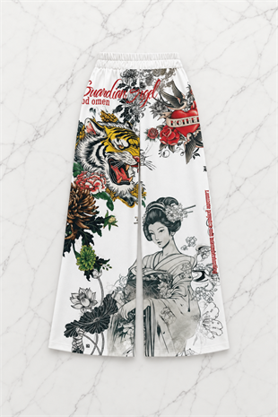 Beyaz Flower And Tiger Detaylı Avant Dijital Baskı Eşofman Altı