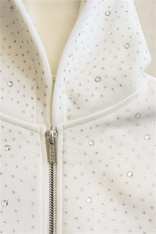 Beyaz Galaxy Taşlı Kapüşonlu Crop Hırka
