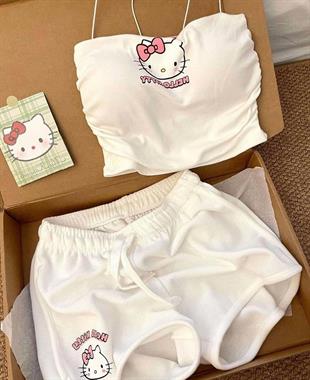 Beyaz Hello Kitty Crop Şort Alt Üst Takım 