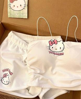 Beyaz Hello Kitty Crop Şort Alt Üst Takım 