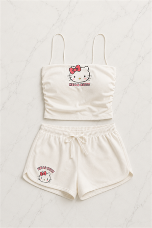 Beyaz Hello Kitty Crop Şort Alt Üst Takım 