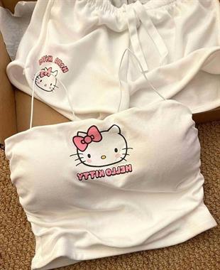 Beyaz Hello Kitty Crop Şort Alt Üst Takım 