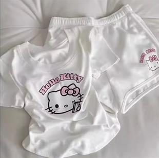 Beyaz Hello Kitty Tam Boy Bluz Şort Alt Üst Takım