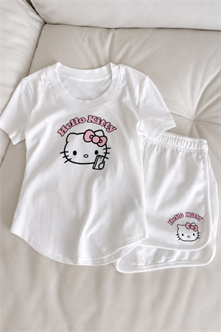 Beyaz Hello Kitty Tam Boy Bluz Şort Alt Üst Takım