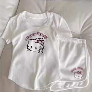 Beyaz Hello Kitty Tam Boy Bluz Şort Alt Üst Takım