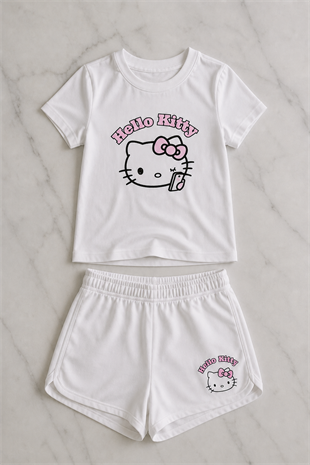 Beyaz Hello Kitty Tam Boy Bluz Şort Alt Üst Takım