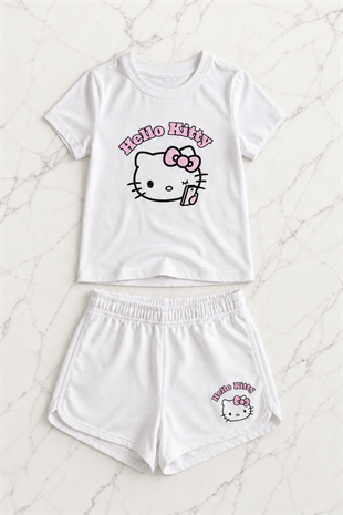 Beyaz Hello Kitty Tam Boy Bluz Şort Alt Üst Takım