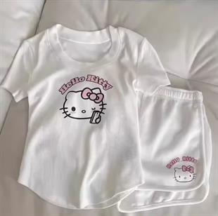 Beyaz Hello Kitty Tam Boy Bluz Şort Alt Üst Takım