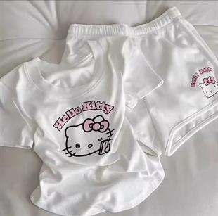 Beyaz Hello Kitty Tam Boy Bluz Şort Alt Üst Takım
