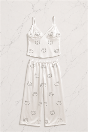 Beyaz Hello Kitty Taş Detaylı Saten Homewear Pijama Takımı