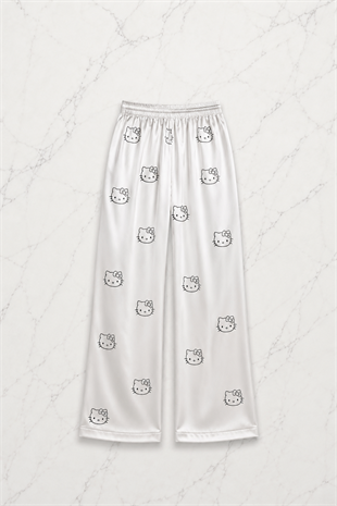 Beyaz Hello Kitty Taş Detaylı Saten Homewear Pijama Takımı