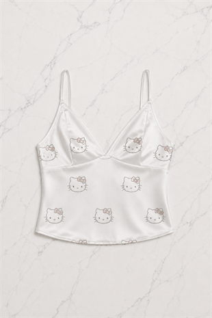 Beyaz Hello Kitty Taş Detaylı Saten Homewear Pijama Takımı