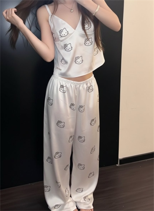 Beyaz Hello Kitty Taş Detaylı Saten Homewear Pijama Takımı