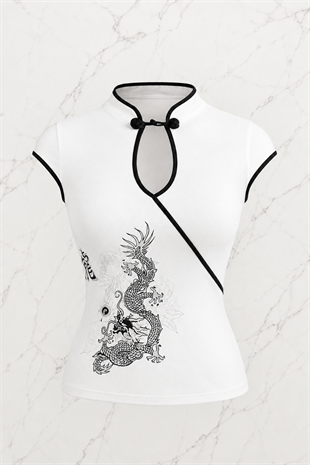 Beyaz Japones Style Mandarin Yaka Ejderha Desenli Bluz Crop